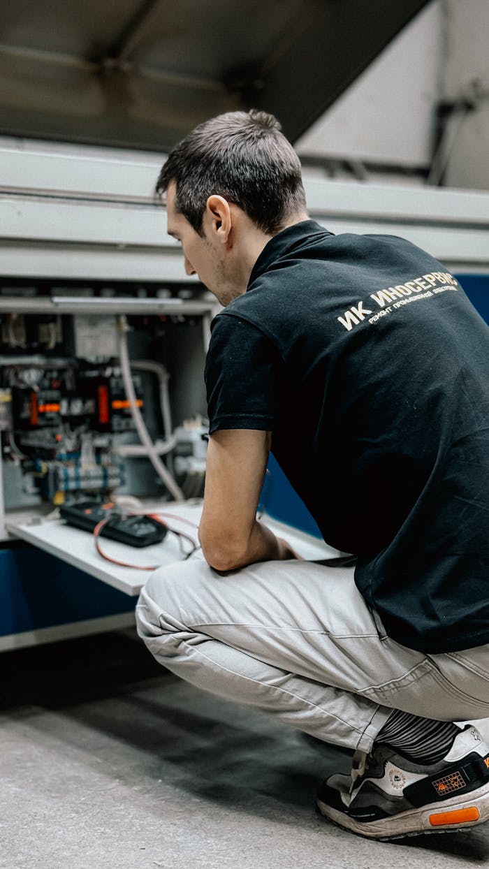 A skilled technician crouches to repair industrial machinery in an indoor setting.