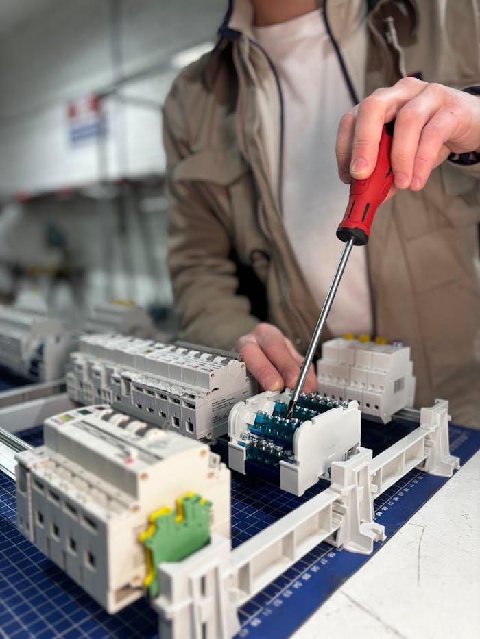 An electrician uses a screwdriver to assemble a circuit board in a well-lit workshop.